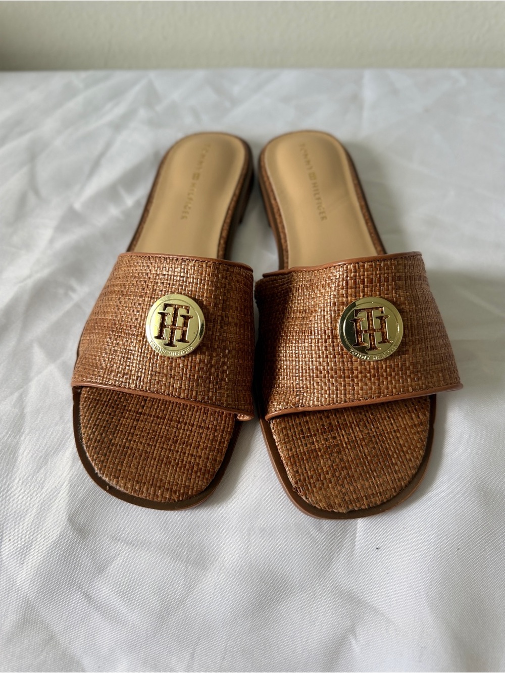 Tommy Hilfiger Brown Woven Slide Mules with Gold Logo Medallions
